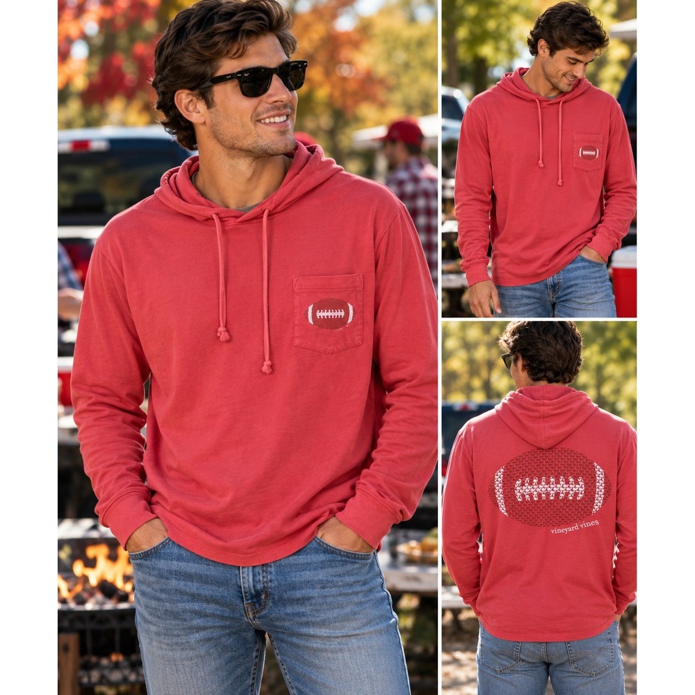 Vineyard Vines Mens XL Red Football Graphic Long Sleeve Hooded T-Shirt Pocket
